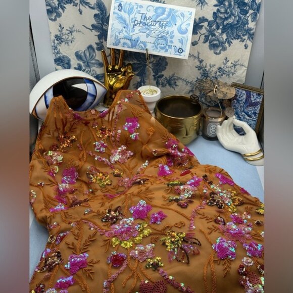 🆕 BRONX & BANCO🧿 NWOT Sicilia Coral Sequin Fluted Hem Maxi Dress, Sz L US 8 - Picture 11 of 14